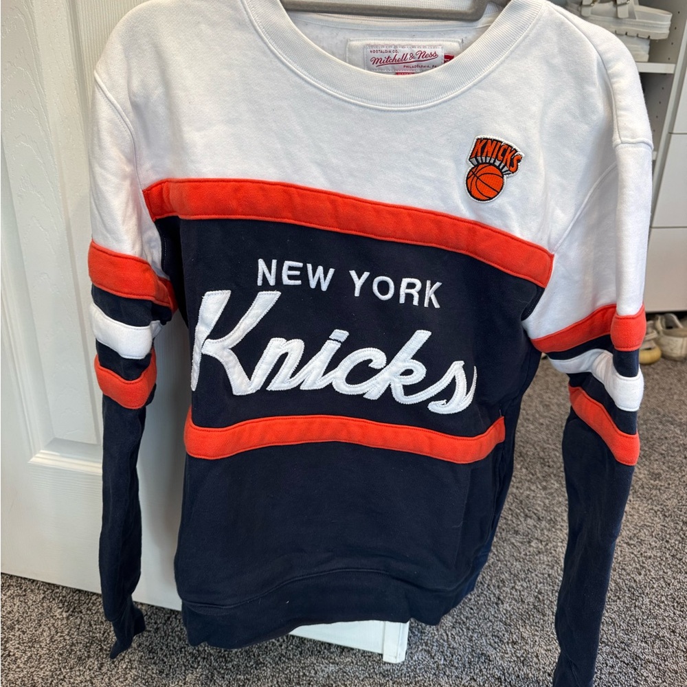 Mitchell & Ness White Crewneck Sweatshirt with Orange & Navy Patch